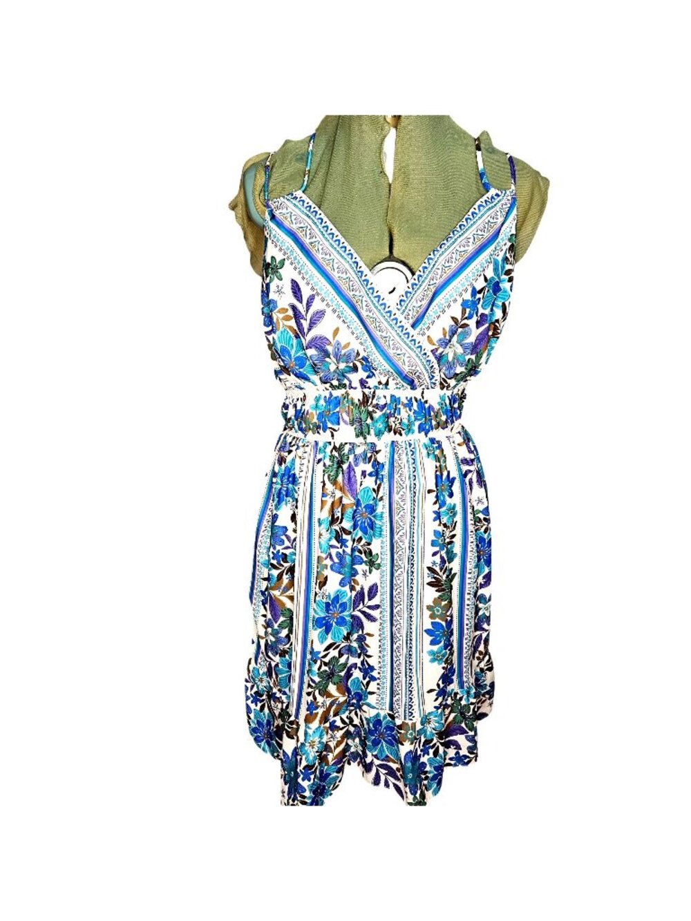 Woman's Donna Ricco baby doll blue and white halter top resort floral midi dress